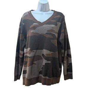 Belle By Kim Gravel Brown Camo V-Neck Long Sleeve Sweater Top Women's Size L